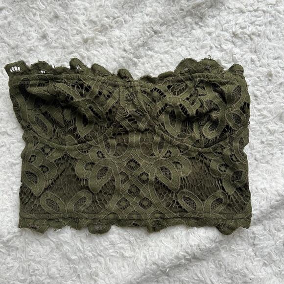 Free People Tops - Free People FP One Olive Green Strapless Floral Lace Boho Crop Top Size Small